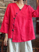 Vintage Linen V-Neck Contrast Color Shirt